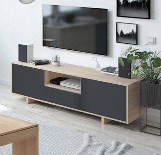 Dmora Dmora - Mueble Tv Con 3 Puertas Y Compartimento Abierto, Aparador Moderno, Aparador De Dise&ntilde;o, Buffet De Sal&oacute;n Moderno, 150x41h46 Cm, Color Roble, Con