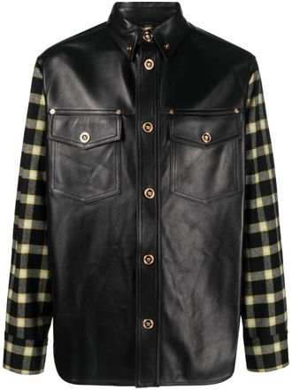 Versace Black Blouson Leather Checkered Sleeve Jacket