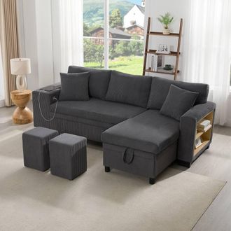 Merax L-Shaped Convertible Corner Sofa Bed with 2 Ottomans & USB Ports in Grey