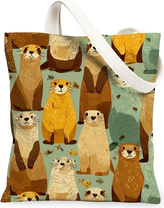 Generic Otter Pattern Canvas Tote Bags, Cute Animal Design Reusable Grocery Bags, Spring Lightweight Washable Shoulder Strap Canvas, Multi-color, 13x15 Inch