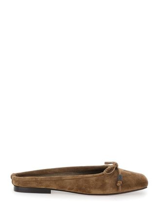 Brunello Cucinelli Beige Ballet Shoes With Square Toe And Bow With Monil Detail In Leather Woman