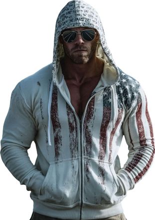 Generic Hoodies for Men Zip Up Hooded Full Zipper Jackets Vintage USA American Flag Clothes Long Sleeve Tops with Pocket 2025 Sudaderas Hombre(White, L)