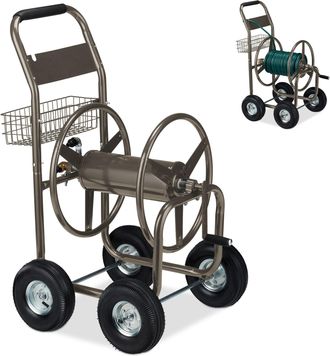 Relaxdays Carro Portamangueras, Hasta 90 M, Acoplamiento Por Clic, 4 Neum&aacute;ticos, Cesta, Soporte Mangueras Metal, Marr&oacute;n - Relaxdays