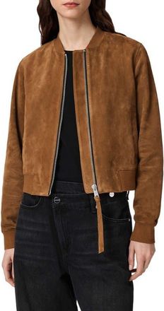AllSaints Orten Suede Bomber Jacket in Sugar Brown at Nordstrom, Size 10 Us
