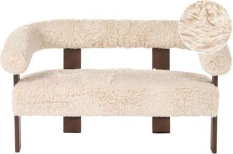 Beliani 2 Seater Sofa Off-White Faux Fur Upholstery Retro Design Dark Brown Wooden Legs Living Room ILBRO