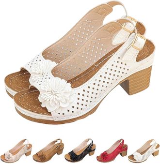 Generic Buckled Square Heel Sandals for Women, 2025 New Low Slingback Peep Toe Dress Sandals, Chunky Heeled Wedge Shoes (White,38)