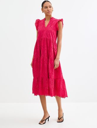 Y.A.S Womens Magenta broderie anglaise tiered dress