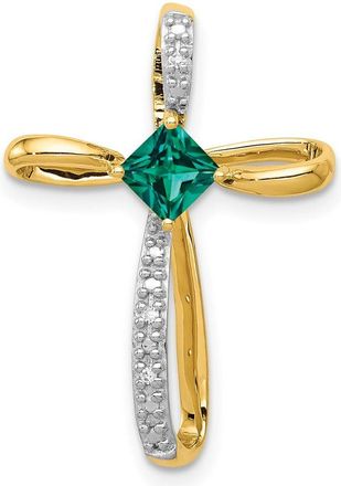 Diamond2Deal 14k Yellow Gold 4mm Square Lab Created Emerald and Diamond Cross Slide Pendant