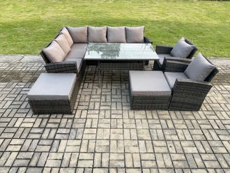 Fimous 10 Seater High Back Rattan Garden Furniture Set Corner Sofa With Rectangular Dining Table 2 Arm Chairs 2 Big Footstool in Dark Grey