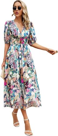 Generic Womens Deep V-Neck High Waist Elegant Dress (Mix,L)