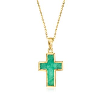 Ross-Simons Emerald Cross Pendant Necklace in 18kt Gold Over Sterling