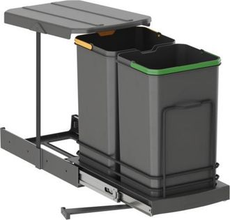 Emuca Contenedor De Reciclaje Para Fijaci&oacute;n Inferior Y Extracci&oacute;n Manual/autom&aacute;tica En Mueble De Cocina Recycle 2x12litros, Pl&aacute;stico Gris Antracita - Emuca