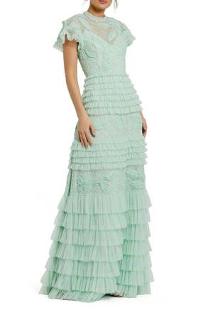 Mac Duggal Beaded Mesh High Neck Micro Ruffle Floral Gown in Sage at Nordstrom, Size 12