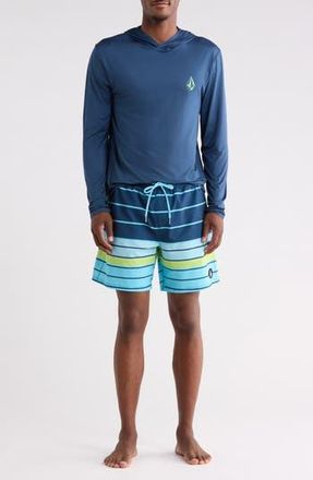 Volcom Hooded Rashguard & Swim Trunks Two-Piece Swimsuit in Deep Blue at Nordstrom Rack, Size Xx-Large