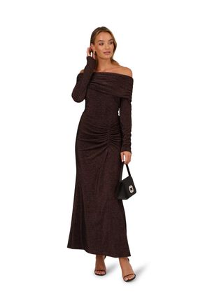 Adrianna Papell Womens Metallic Knit Long Dress - Brown - Size 10 UK
