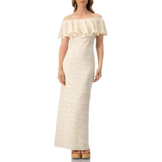 Ivonne Lace Long Bardot Neckline Dress in Ivory at Nordstrom, Size Medium