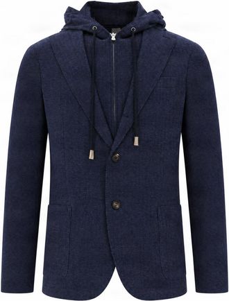 Eleventy Navy Blue Hooded Polyester-Blend Blazer