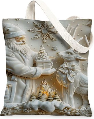 Generic Christmas Santa Canvas Tote Bags, Holiday Snowflake Reusable Grocery Bags, Vintage Winter Lightweight Washable Shoulder Strap Canvas for Travel Outdoo