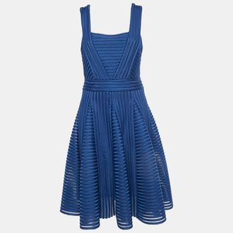 Maje Navy Blue Striped Jersey & Mesh Sleeveless Mini Dress