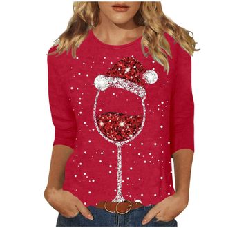 Generic Christmas T Shirts for Women UK Casual 3/4 Sleeve Crew Neck Tunic Shirts Funny Xmas Tree Red Wine Glass Cow Print Blouse Dressy Lightweight Clothes Co