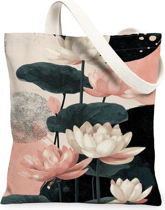 Generic Floral Canvas Tote Bags, Elegant Water Lily Design Reusable Grocery Bags, Spring Chic Lightweight Washable Shoulder Strap C, Peach, 13x15 Inch