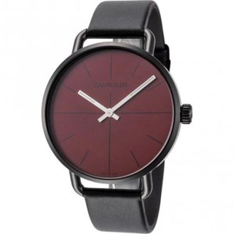 Calvin Klein Elegante Quartz Horloge met Bordeaux Rode Wijzerplaat en Zwarte Leren Band - Dames - Horloges - Zwart - ONE Size - Accessoires