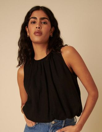 Nobody's Child Black Linen-blend Sleeveless Bubble Hem Pleated Top