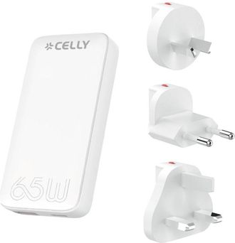 Celly Tctraveluni65w - Cargador Universal De Viaje, Carga R&aacute;pida Con Tecnolog&iacute;a Gan, Toma M&uacute;ltiple Para Ahorrar Espacio, Enchufe Usb-c Y Usb-a, Adaptador Un