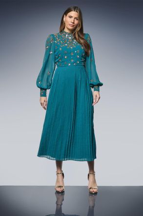 Wallis Womens Occasion Embellished Pleated Midi Dress - Teal - Size 16 UK