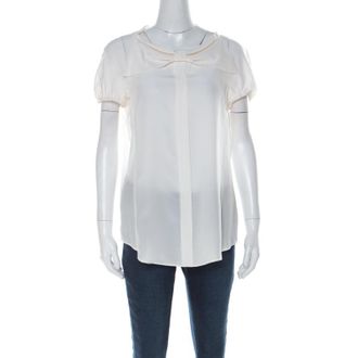 Moschino Cream Silk Crepe De Chine Bow Detail Short Sleeve Blouse