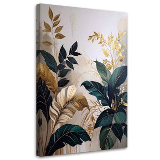 Feeby Cuadro En Lienzo, Abstracci&oacute;n De Hojas De Plantas En Verde Y Dorado, 80x120