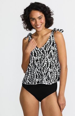 Lands End D-Cup Chlorine Resistant V-neck Shoulder Tie Flutter Tankini Swimsuit Top in Black/white Vine Floral at Nordstrom, Size 18