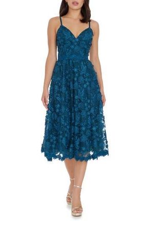 Dress The Population Tahani Floral Embroidered Fit & Flare Midi Dress in Peacock Blue at Nordstrom Rack, Size X-Large