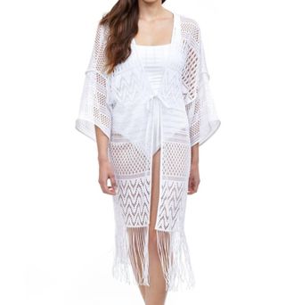 Gottex Open Front V-Neck Crochet Dress Cover Up In Tutti Frutti White