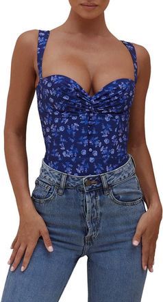House of CB Savia Floral Corset Bodysuit in Sapphire Floral Print at Nordstrom, Size X-Small