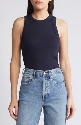 Veronica Beard Jordyn Stretch Sleeveless Pima Cotton Rib Top in Navy at Nordstrom, Size X-Large