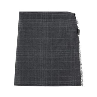 Balenciaga Short Skirts, female, Gray, Size: XS Plaid A-Line Mini Skirt with Fringed Hem and Buckle Detail