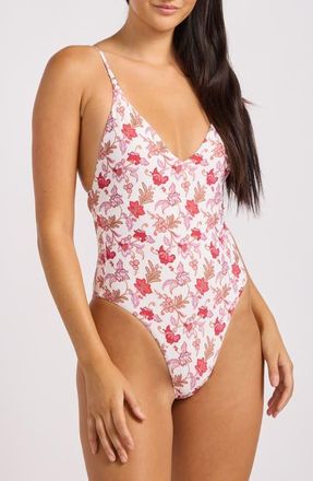 Seafolly Floral V-Neck One-Piece Swimsuit in Ecru at Nordstrom, Size 18