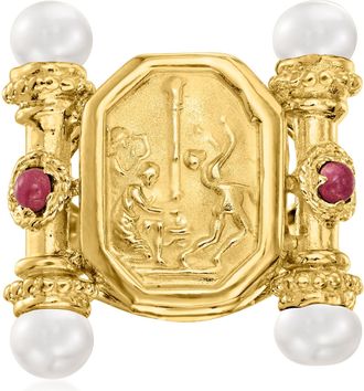 Ross-Simons Italian Tagliamonte 5-5.5mm Cultured Pearl and. Ruby Cameo-Style Ring in 18kt Gold Over Sterling