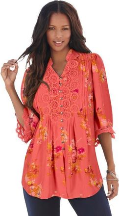 Roaman's Plus Size Juliet Lace Trim Button Down Shirt in Orange at Nordstrom, Size 16