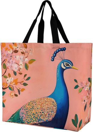 Generic Peacock Painting Reusable Shopping Bags One Shoulder Grocery Tote Bag Waterproof Big Purse for Work Travel