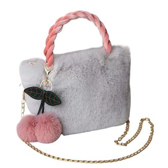 Generic Womens Plush Bags Women Handbags Winter Furry Ladies Soft Plush Clutch Purse Shoulder Bags Female Cherry Pendant Messenger Bag(Grey)