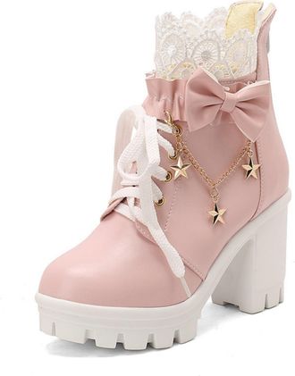 Generic Womens Lace-Up Chunky Heel Ankle Boots with Bow Detail,Lolita Style,Pink,6.5 UK
