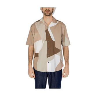 Only & Sons Bruin Katoenen Abstract Print Shirt - Heren - Korte mouwen Overhemden - Veelkleurig - S - Katoen - Overhemden