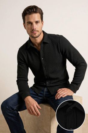 Trendyol MAN Heren Zwart Gestructureerd Lang Regular fit Overhemden