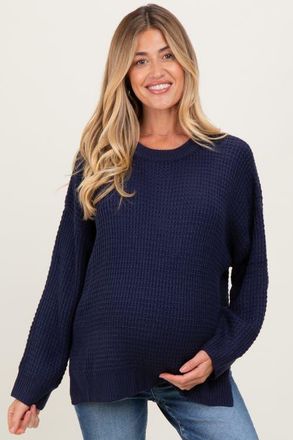 Pinkblush Waffle Knit Side Slit Sweater in Navy Blue at Nordstrom, Size Small