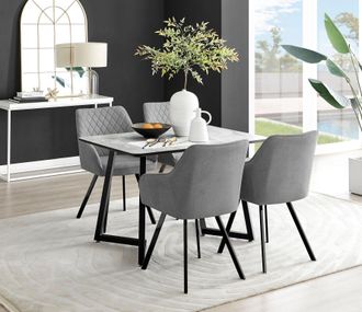 Furniturebox Carson White Marble Effect Dining Table & 4 Falun Black Leg Chairs in Dark Grey