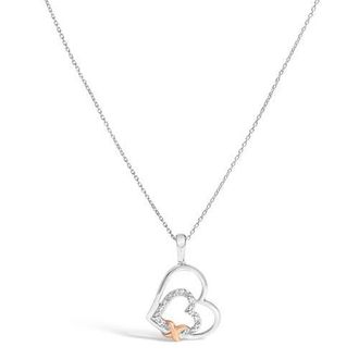 House of Brilliance 925 Sterling Silver Double Heart Pendant Necklace with Diamond and 10K Rose Gold Accent in White Gold Over Silver at Nordstrom