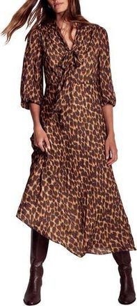Boden Leopard Print Tie Neck Midi Dress in Sand Abstract Leopard Spot at Nordstrom Rack, Size 0