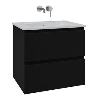 Saniclass Chaci Badkamermeubelset - 60x45x55cm - keramische wastafel glans wit - 1 wasbak - zonder kraangat - 2 lades - mat zwart